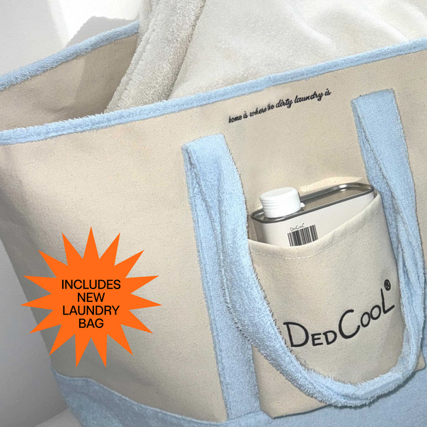 Beige laundry bag with blue trim andDED Cool branding, featuring a bottle of detergent.