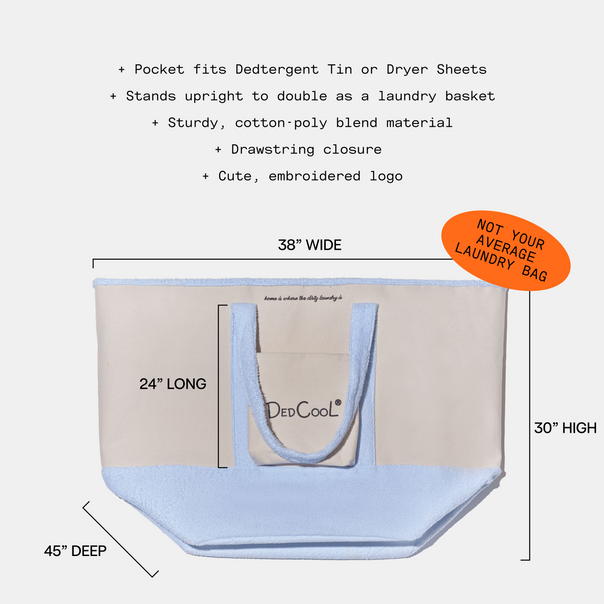 Laundry bag with dimensions and features listed on a white background