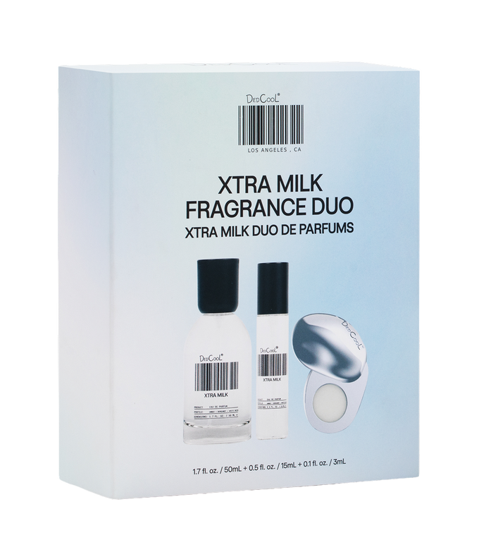 DedCool Xtra Milk Fragrance Duo retail box on a white background, showing the box front with product bottles and a free gift badge.