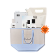 A DedCool travel toiletry bag set in light blue and beige, shown filled with travel-sized toiletries including a white bottle, a white tin, a white pouch, and a folded paper towel. An orange starburst sticker on the right reads 'INCLUDES NEWLY DESIGNED BAG'.