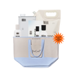 A DedCool travel toiletry bag set in light blue and beige, shown filled with travel-sized toiletries including a white bottle, a white tin, a white pouch, and a folded paper towel. An orange starburst sticker on the right reads 'INCLUDES NEWLY DESIGNED BAG'.